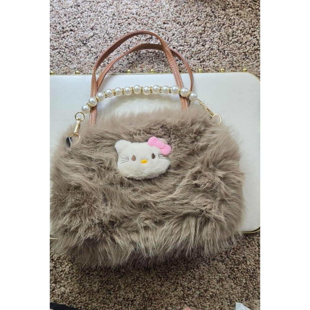 Sanrio Hello Kitty Character Faux Fur Hand Bag with Pearl Handle